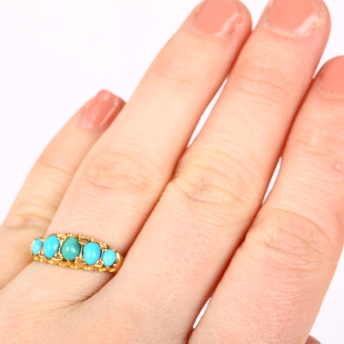 1119 - An early 20th century 18ct gold graduated five stone turquoise half hoop ring, maker TLM, Birmingham... 