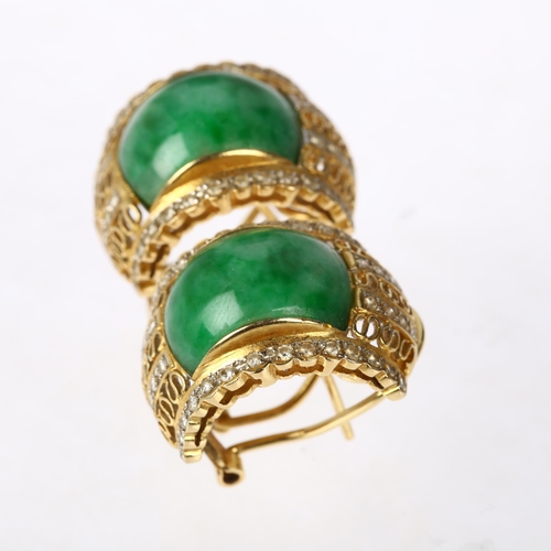 1120 - A pair of Continental 18ct gold and diamond half hoop earrings, set with curved rectangular jade pan... 