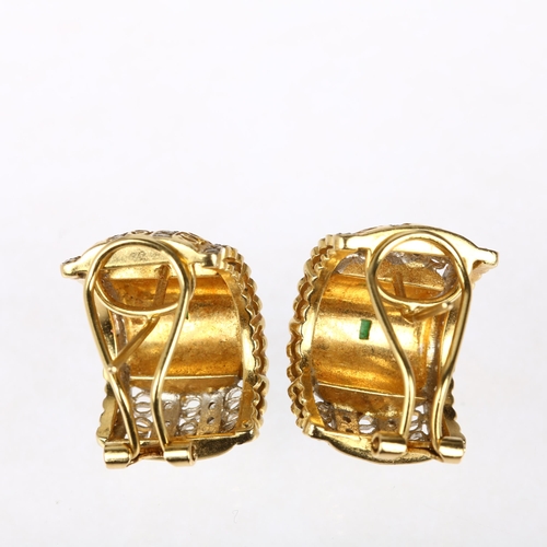 1120 - A pair of Continental 18ct gold and diamond half hoop earrings, set with curved rectangular jade pan... 