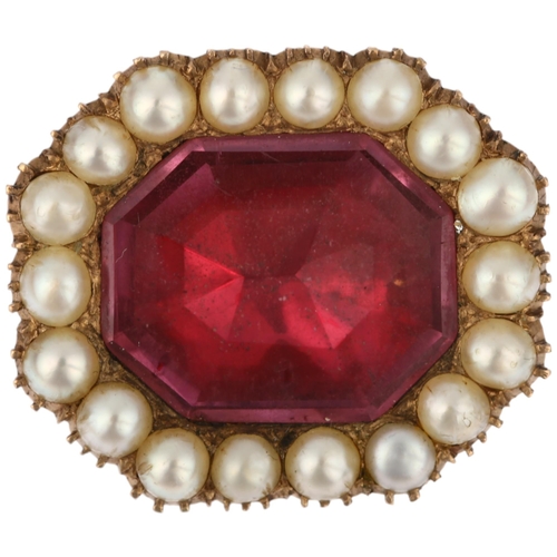 1123 - A Georgian 'Queen Anne' pink foil-back paste and split pearl octagonal brooch, circa 1800, centrally... 