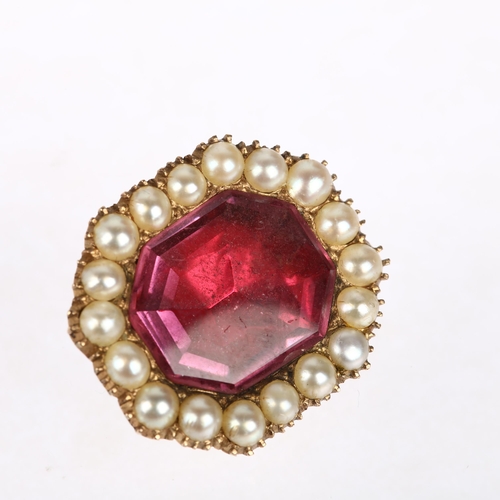 1123 - A Georgian 'Queen Anne' pink foil-back paste and split pearl octagonal brooch, circa 1800, centrally... 