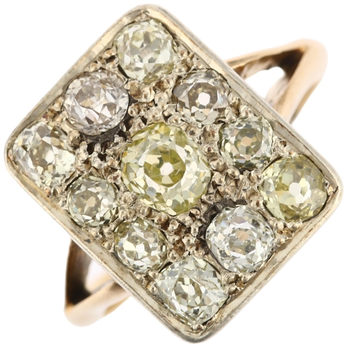 1127 - An Art Deco 18ct gold diamond cluster panel ring, pave set with old-cut diamonds, total diamond cont... 