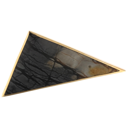 1131 - A large modernist 9ct gold grey Picasso Jasper geometric triangle brooch, CW Sellors Ltd, Sheffield ... 