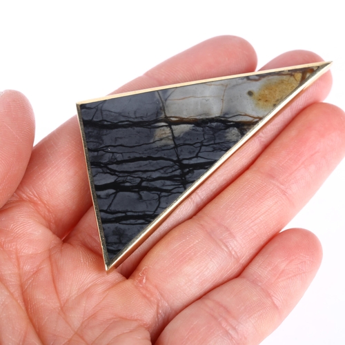 1131 - A large modernist 9ct gold grey Picasso Jasper geometric triangle brooch, CW Sellors Ltd, Sheffield ... 