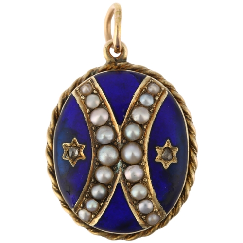 1132 - A Victorian split pearl diamond and blue enamel photo locket pendant, circa 1860, oval form with 2 c... 