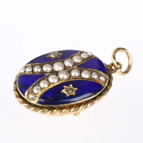 1132 - A Victorian split pearl diamond and blue enamel photo locket pendant, circa 1860, oval form with 2 c... 