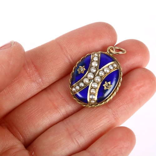 1132 - A Victorian split pearl diamond and blue enamel photo locket pendant, circa 1860, oval form with 2 c... 