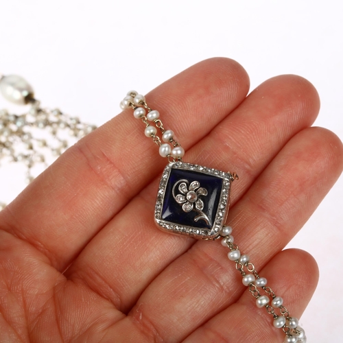 1133 - A fine Antique double-row pearl necklace, with original blue enamel rose-cut diamond and split pearl... 