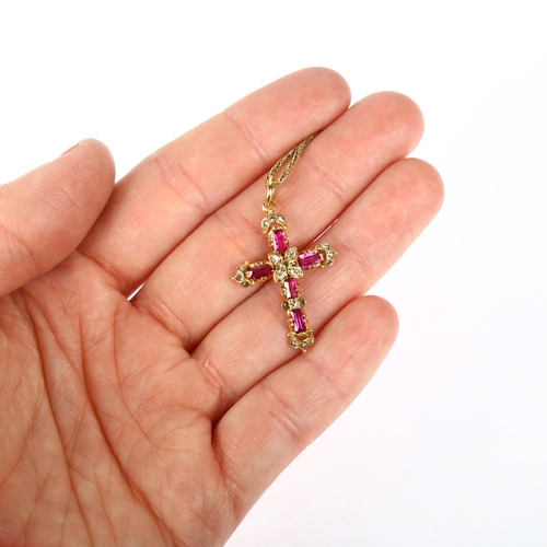 1136 - A Victorian ruby and diamond cross pendant necklace, circa 1860, set with oval-cut rubies with rose ... 