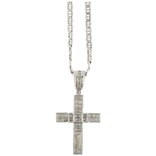 1138 - A modern 18ct white gold diamond cross pendant necklace, set with Princess-cut diamonds, total diamo... 