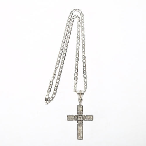 1138 - A modern 18ct white gold diamond cross pendant necklace, set with Princess-cut diamonds, total diamo... 