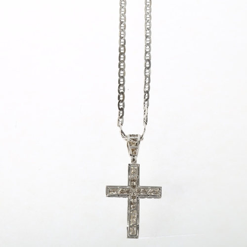 1138 - A modern 18ct white gold diamond cross pendant necklace, set with Princess-cut diamonds, total diamo... 