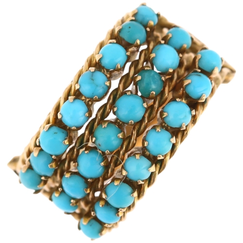 A Continental 18ct gold triple-row turquoise band ring, setting height ...