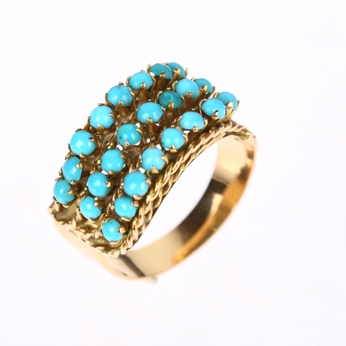 A Continental 18ct gold triple-row turquoise band ring, setting height ...