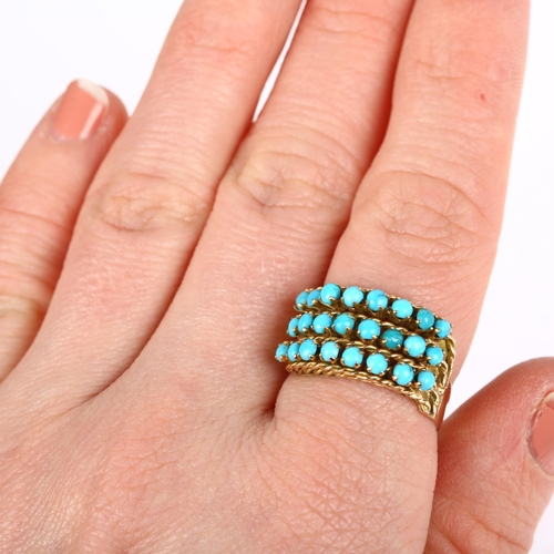 A Continental 18ct gold triple-row turquoise band ring, setting height ...