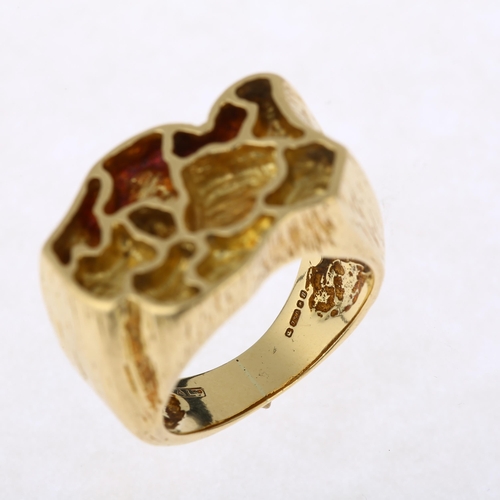 1166 - A large and heavy 9ct gold organic abstract ring, maker PA Ltd, London 1976, textured decoration, se... 