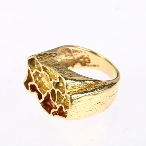 1166 - A large and heavy 9ct gold organic abstract ring, maker PA Ltd, London 1976, textured decoration, se... 