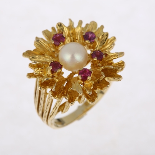 1167 - A mid-20th century 9ct gold whole pearl and ruby naturalistic abstract dress ring, maker HB, London ... 