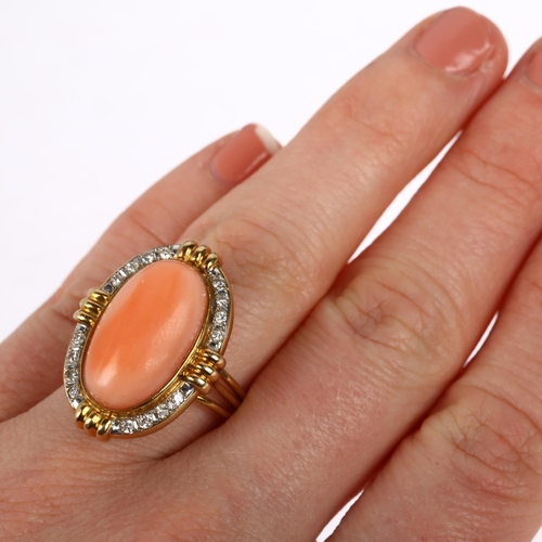 1168 - A late 20th century 14ct gold coral and diamond oval cluster ring and earring set, rub-over set with... 