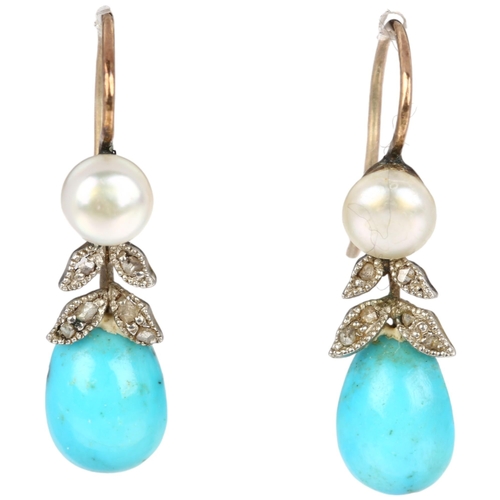 1169 - A pair of Edwardian turquoise matrix pearl and diamond floral drop earrings, with shepherd hook fitt... 