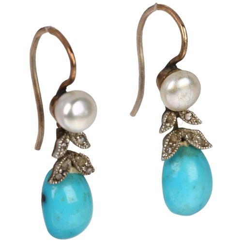 1169 - A pair of Edwardian turquoise matrix pearl and diamond floral drop earrings, with shepherd hook fitt... 