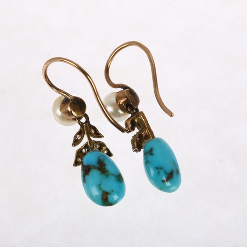 1169 - A pair of Edwardian turquoise matrix pearl and diamond floral drop earrings, with shepherd hook fitt... 