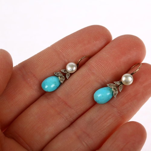 1169 - A pair of Edwardian turquoise matrix pearl and diamond floral drop earrings, with shepherd hook fitt... 