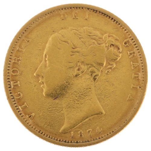 1178 - A Victoria 1874 gold half sovereign coin, bun head, 3.9g