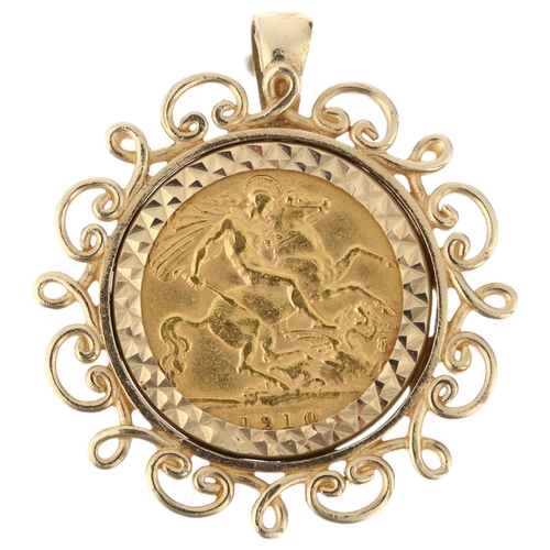 1179 - An Edward VII 1910 gold half sovereign coin, in 9ct pendant mount, 33.6mm, 7.8g