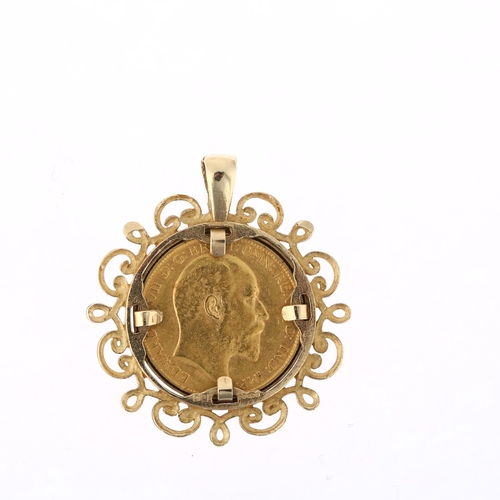 1179 - An Edward VII 1910 gold half sovereign coin, in 9ct pendant mount, 33.6mm, 7.8g