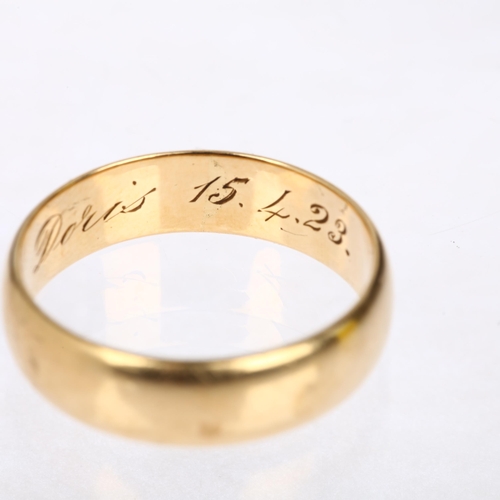 1191 - An early 20th century 18ct gold wedding band ring, maker RP, Birmingham 1923, band width 6.2mm, size... 