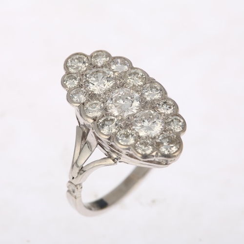 1196 - A large 18ct white gold diamond triple cluster cocktail ring, pave set with modern round brilliant-c... 