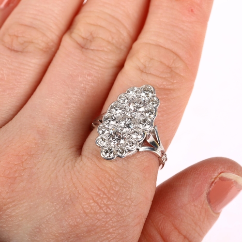 1196 - A large 18ct white gold diamond triple cluster cocktail ring, pave set with modern round brilliant-c... 