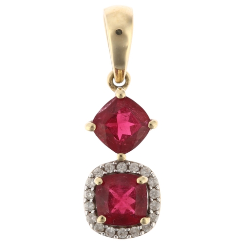 1203 - A modern 9ct gold rubellite tourmaline and diamond drop pendant, 22.6mm, 1.4g