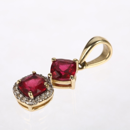 1203 - A modern 9ct gold rubellite tourmaline and diamond drop pendant, 22.6mm, 1.4g