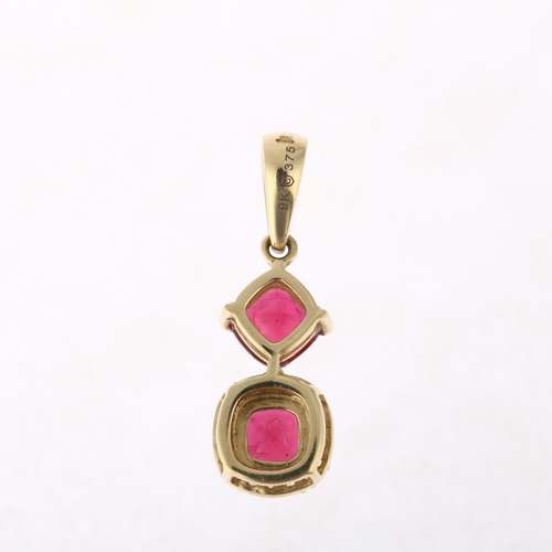 1203 - A modern 9ct gold rubellite tourmaline and diamond drop pendant, 22.6mm, 1.4g