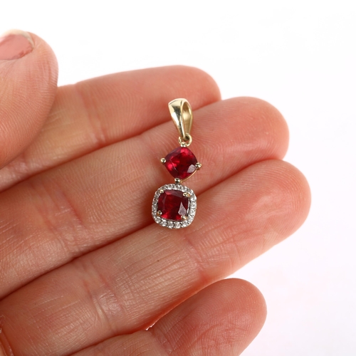 1203 - A modern 9ct gold rubellite tourmaline and diamond drop pendant, 22.6mm, 1.4g