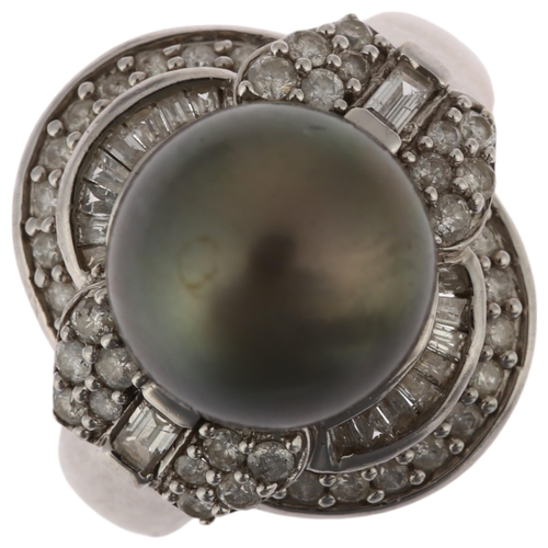 1206 - A modern 14ct white gold grey Tahitian pearl and diamond cluster cocktail ring, in Art Deco style, c... 