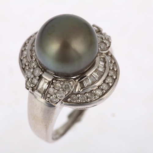 1206 - A modern 14ct white gold grey Tahitian pearl and diamond cluster cocktail ring, in Art Deco style, c... 