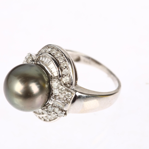 1206 - A modern 14ct white gold grey Tahitian pearl and diamond cluster cocktail ring, in Art Deco style, c... 