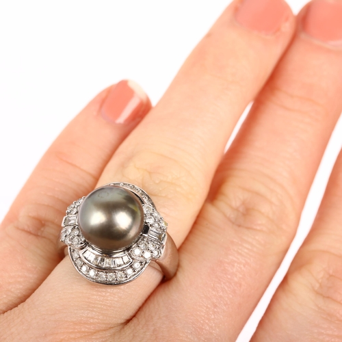 1206 - A modern 14ct white gold grey Tahitian pearl and diamond cluster cocktail ring, in Art Deco style, c... 