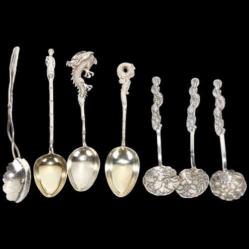 1664A - 7 Chinese silver spoons, various makers, including dragon and lily pad designs, largest 13.5cm