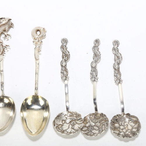 1664A - 7 Chinese silver spoons, various makers, including dragon and lily pad designs, largest 13.5cm