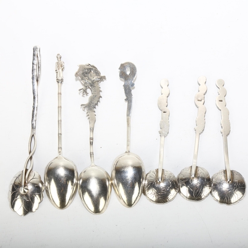 1664A - 7 Chinese silver spoons, various makers, including dragon and lily pad designs, largest 13.5cm