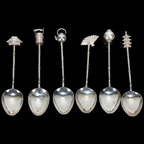 1665 - A set of 6 Japanese sterling silver coffee spoons, each with novelty terminal, including well bucket... 