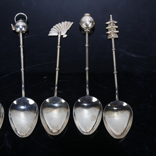 1665 - A set of 6 Japanese sterling silver coffee spoons, each with novelty terminal, including well bucket... 