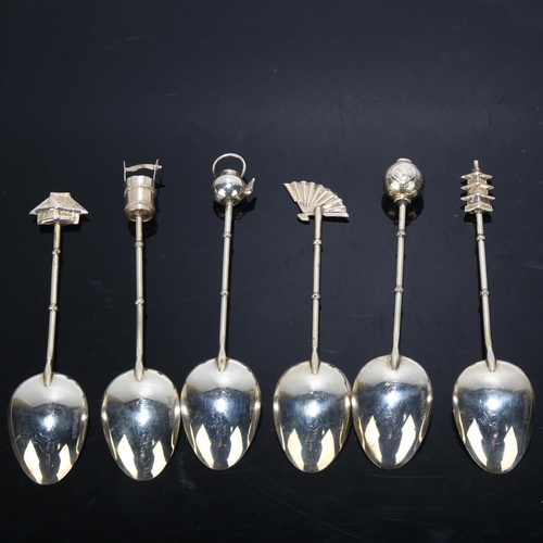 1665 - A set of 6 Japanese sterling silver coffee spoons, each with novelty terminal, including well bucket... 