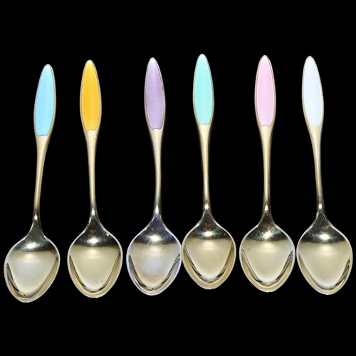 1666 - FRIGAST - a set of 6 Danish vermeil sterling silver and harlequin enamel coffee spoons, 9.5cm