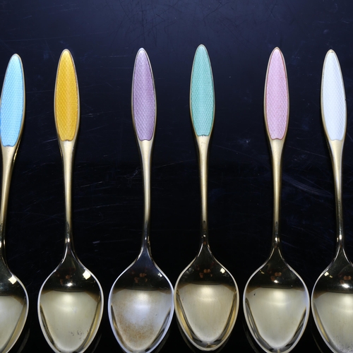 1666 - FRIGAST - a set of 6 Danish vermeil sterling silver and harlequin enamel coffee spoons, 9.5cm