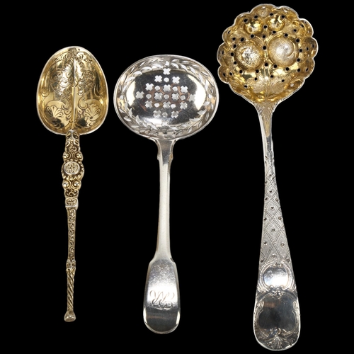 1671 - 3 Antique silver spoons, comprising George III berry sifter spoon, George III Fiddle sifter spoon, a... 